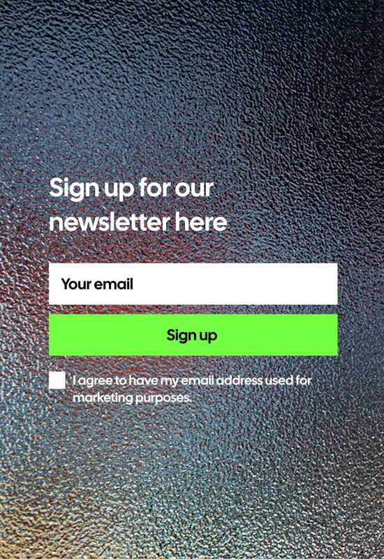 Newsletter sign-up form with email field, sign-up button and marketing consent checkbox