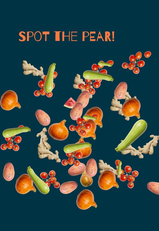 Game where you need to spot the not fitting Image (pear) in between all of images of vegetables with the headline "Spot the pear"