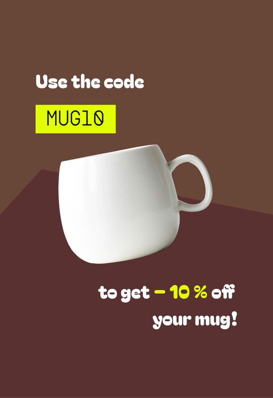Mug that people can save 10 % off if they use the discount code "MUG10"