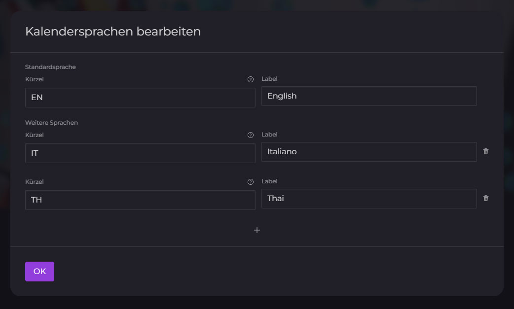 Editor screenhot of calendar languages list