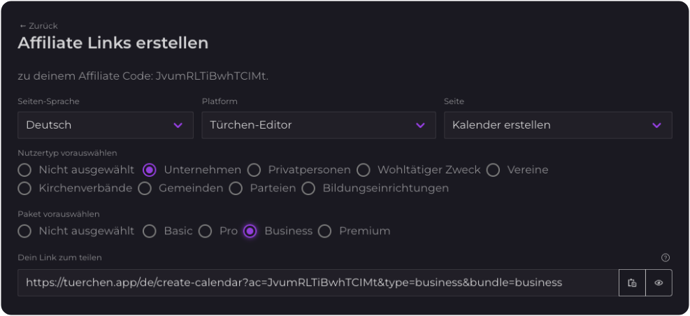 Editor screenhot: Options to create affiliate links