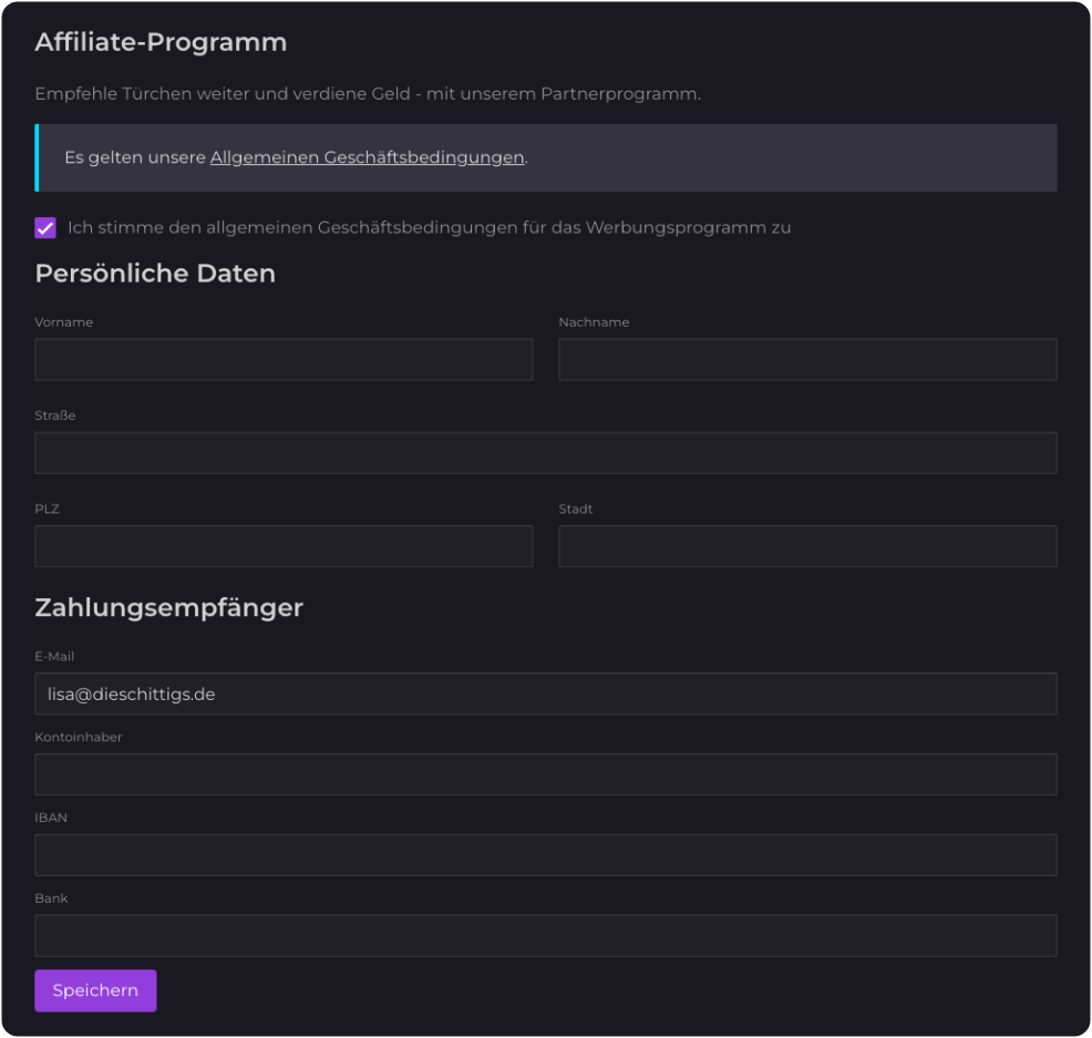 Editor screenhot: Registration for Affiliate Programm