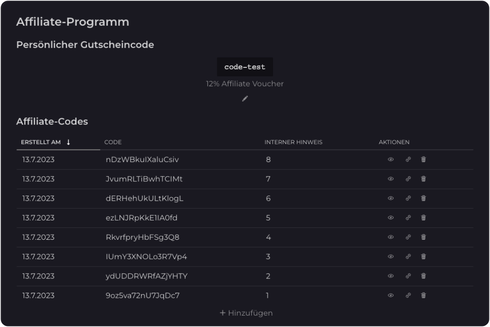 Editor screenshot: list of voucher codes