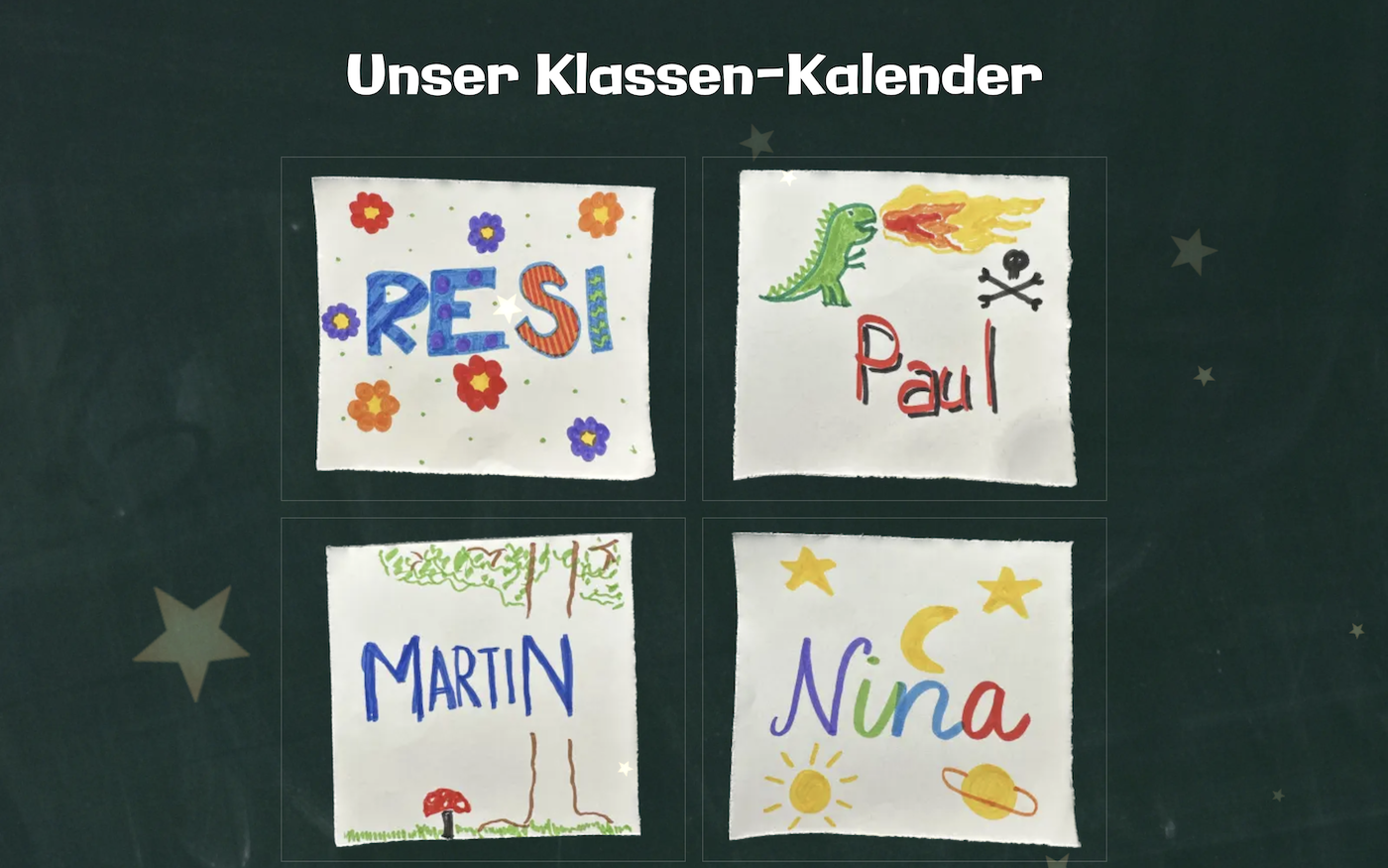 Screenshot of an advent calendar with handdrawn name tags as door covers