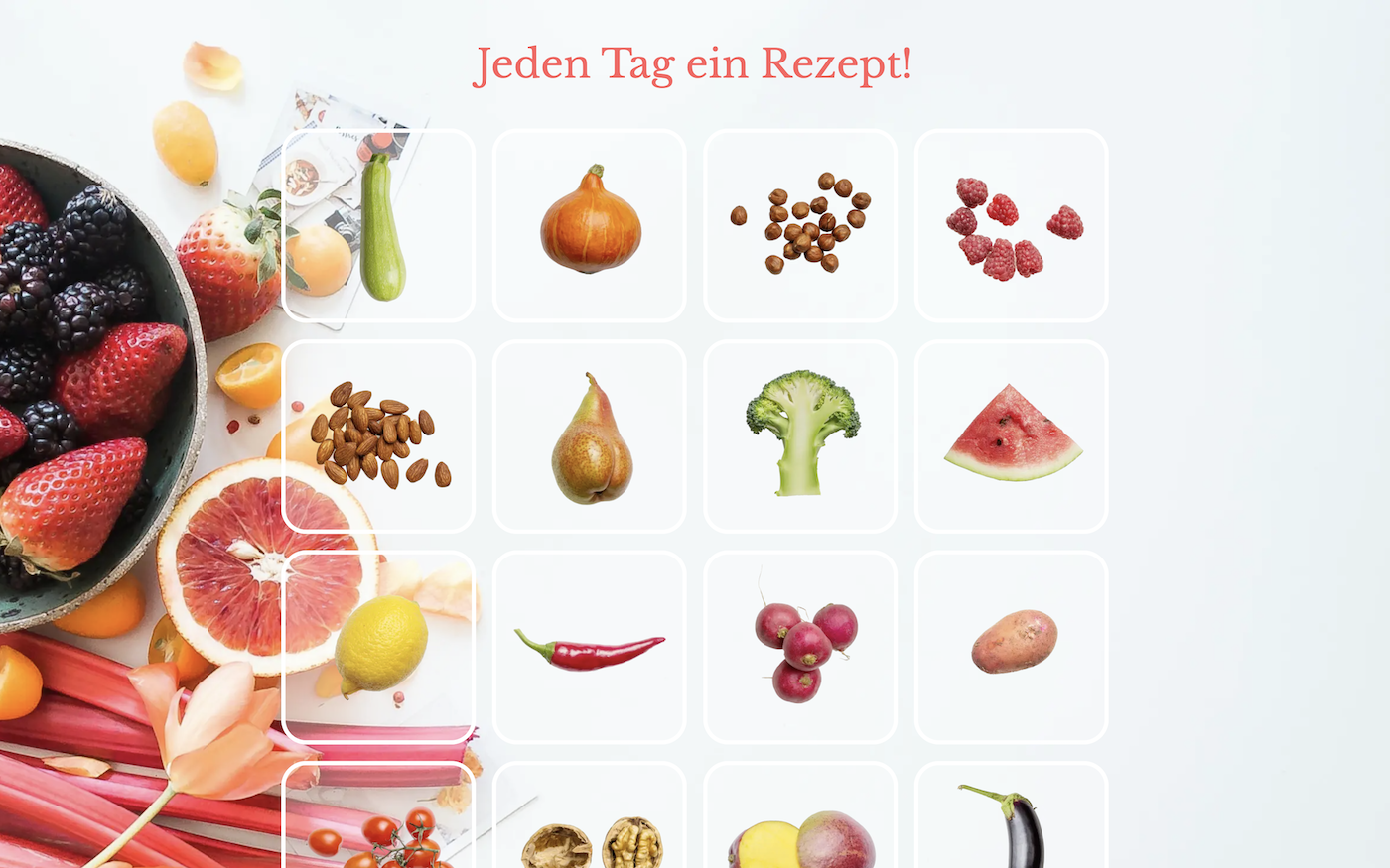 Screenshot of an advent calendar with vegetable and fruit images as door covers