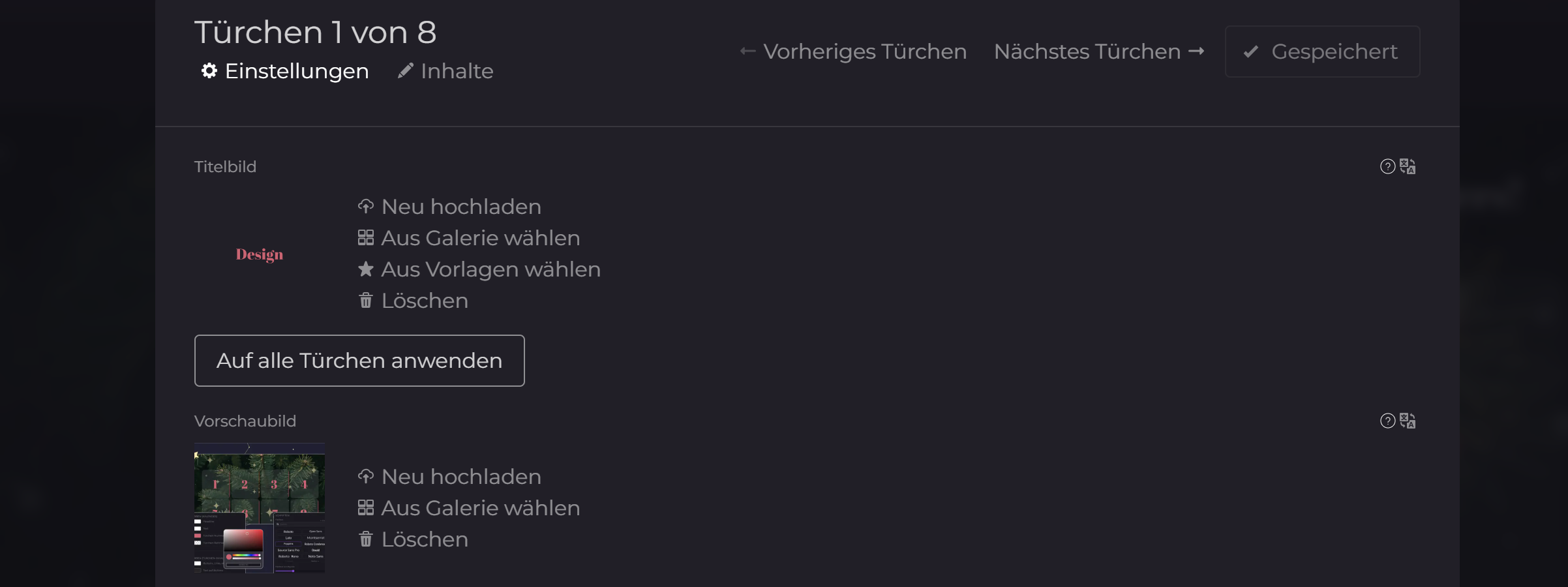Editor Screenhot: Türchen Titelbild Einstellungen