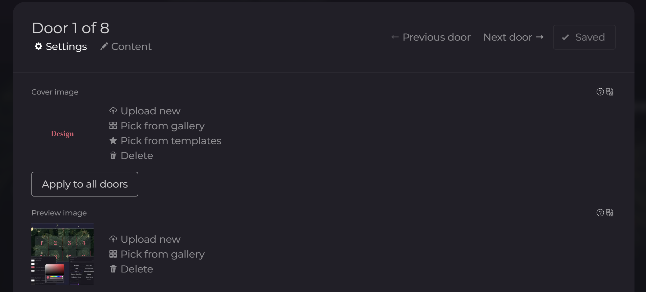 Editor screenhot: door cover image settings