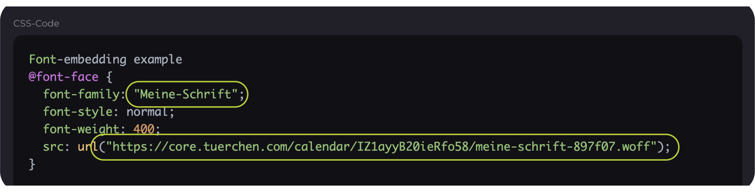 Editor screenhot: CSS code of embedded font